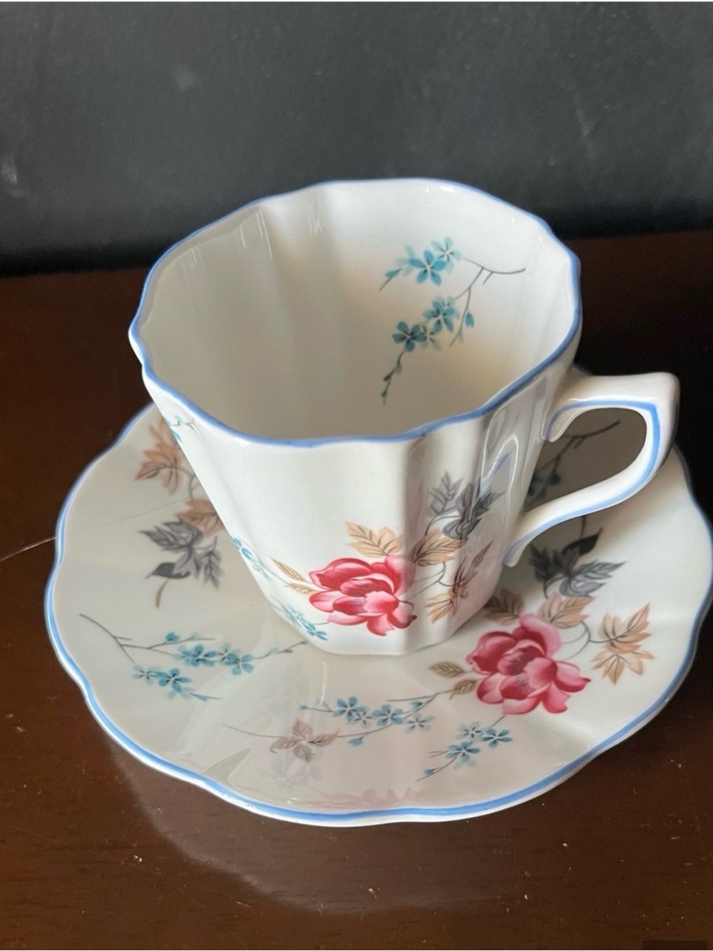 Vintage Floral Porcelain Teacup and Saucer Set in White with Pink Rose Accents